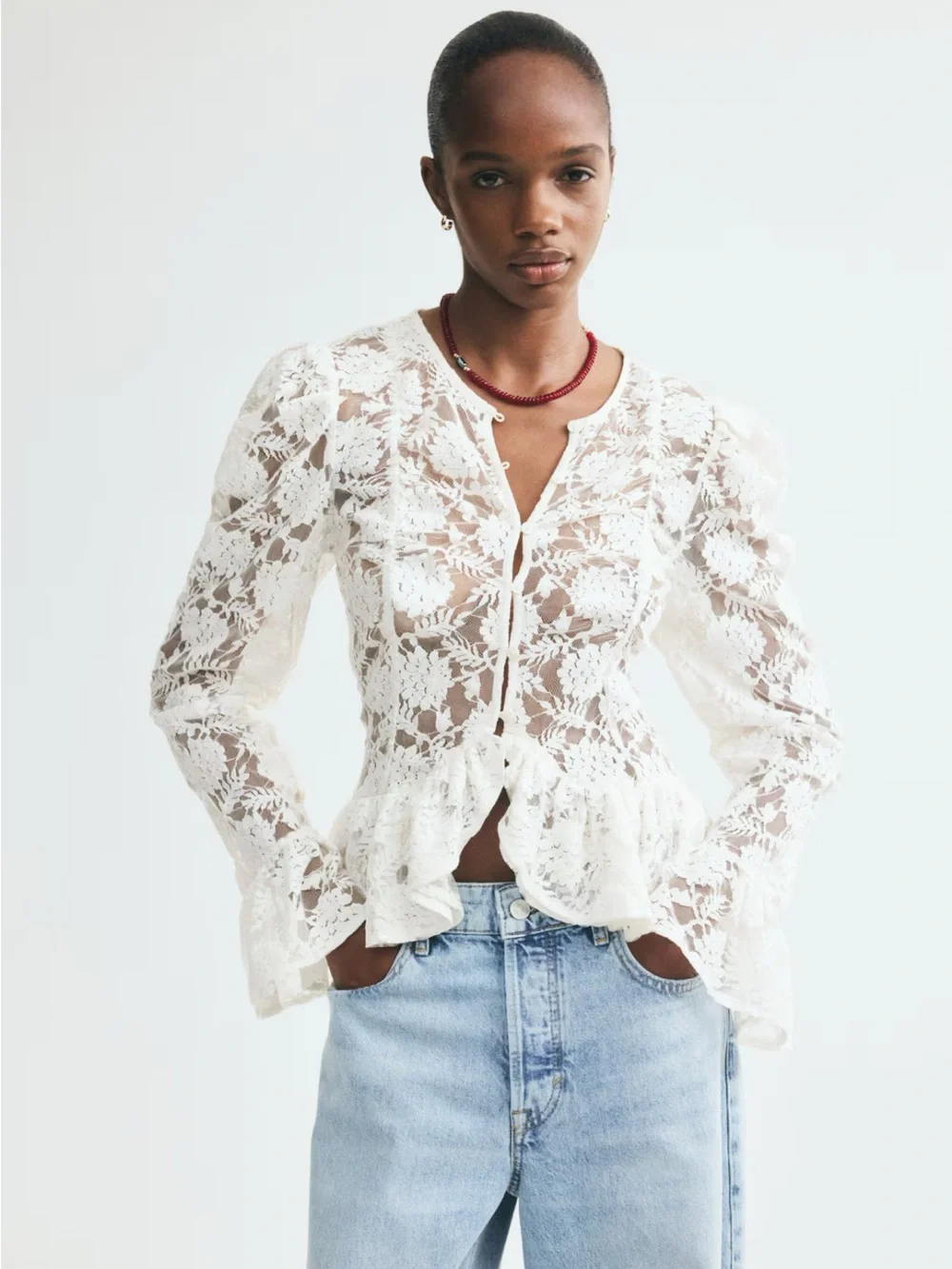 H&M NWT WHITE RUFFLE-TRIMMED LACE BLOUSE SIZE SMALL